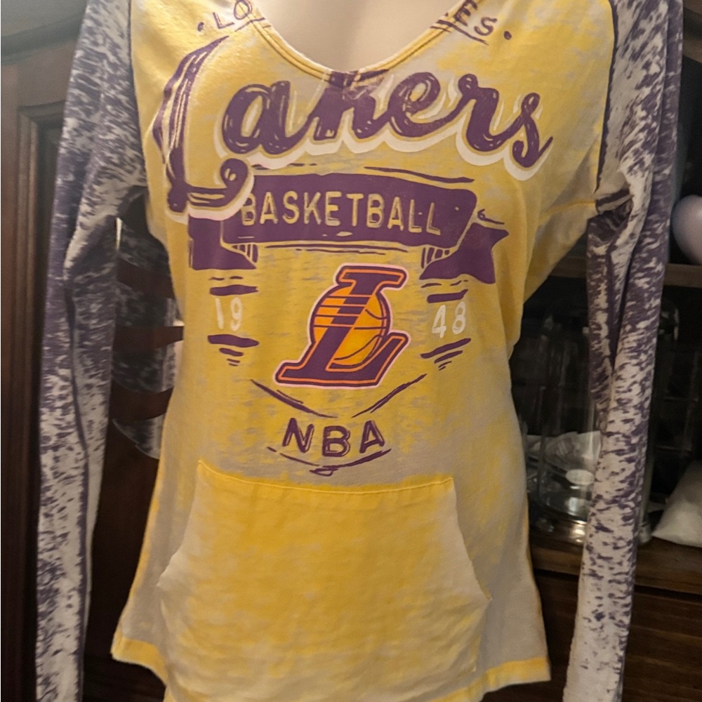 Yellow and Purple Lakers Long Sleeve Shirt  Large
